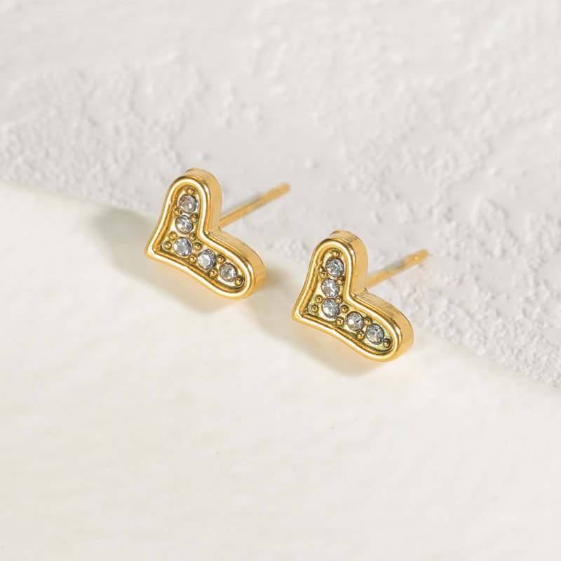 1 Pair Delicated Sweet Style Irregular Heart Shape Stainless Steel  Gold Color Inlay Rhinestone Women's Stud Earrings h5 